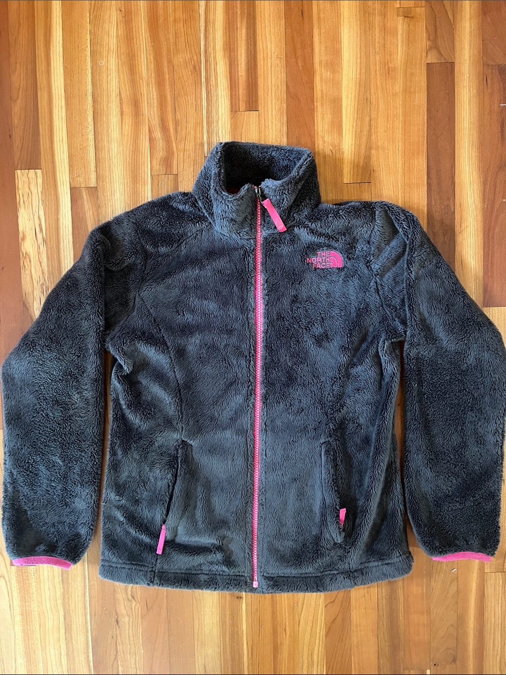 The North Face Girls Charcoal Grey Fleece Jacket with Pink Accents